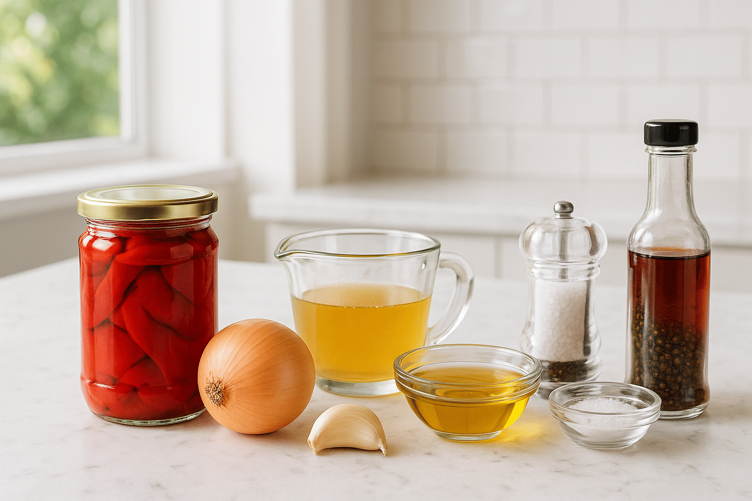 Ingredientes para hacer Salsa de Pimientos del Piquillo sin Nata Ingredientes para hacer Salsa de Pimientos del Piquillo sin Nata