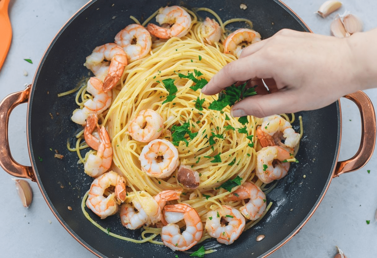 Espaguetis con Gulas y Gambas con Aliño Picante Espaguetis con Gulas y Gambas con Aliño Picante