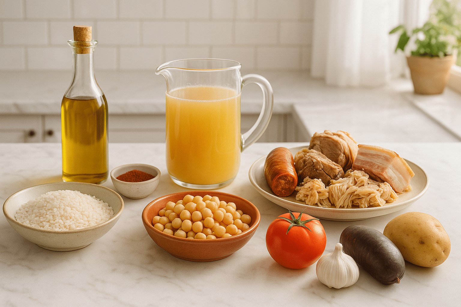 Ingredientes para preparar Arroz al Horno con Sobras de Cocido Ingredientes para preparar Arroz al Horno con Sobras de Cocido