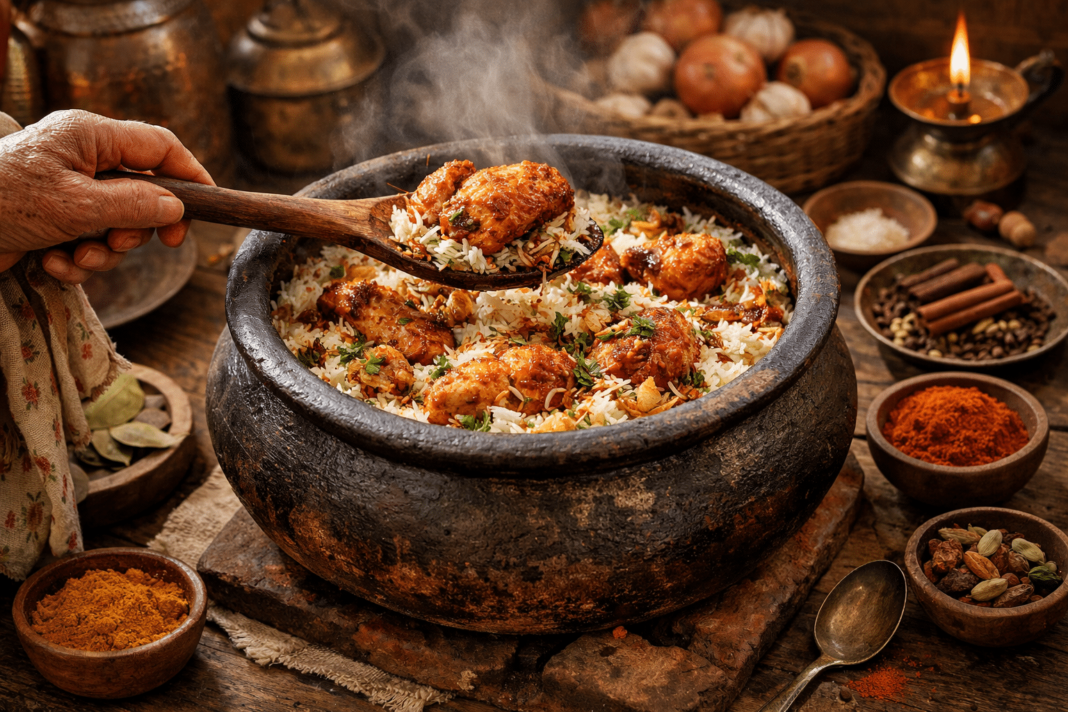 Biryani de Pollo Cocción final al vapor (dum) para unir sabores