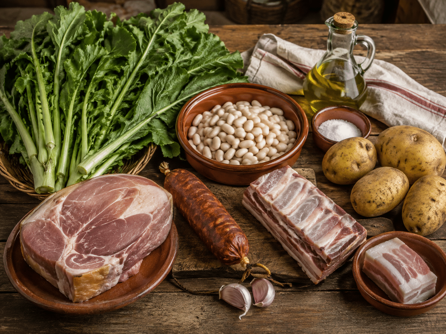 Pote Gallego Ingredientes para pote gallego tradicional con grelos patatas alubias chorizo lacón costilla y tocino