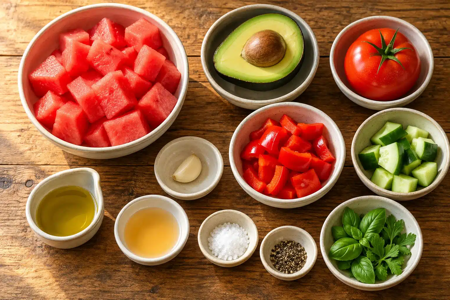 Ingredientes para gazpacho de sandía y aguacate