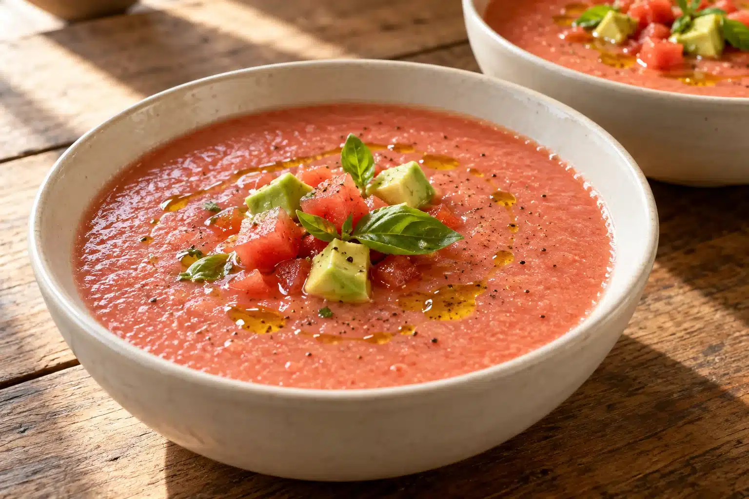 Presentación de gazpacho de sandía y aguacate