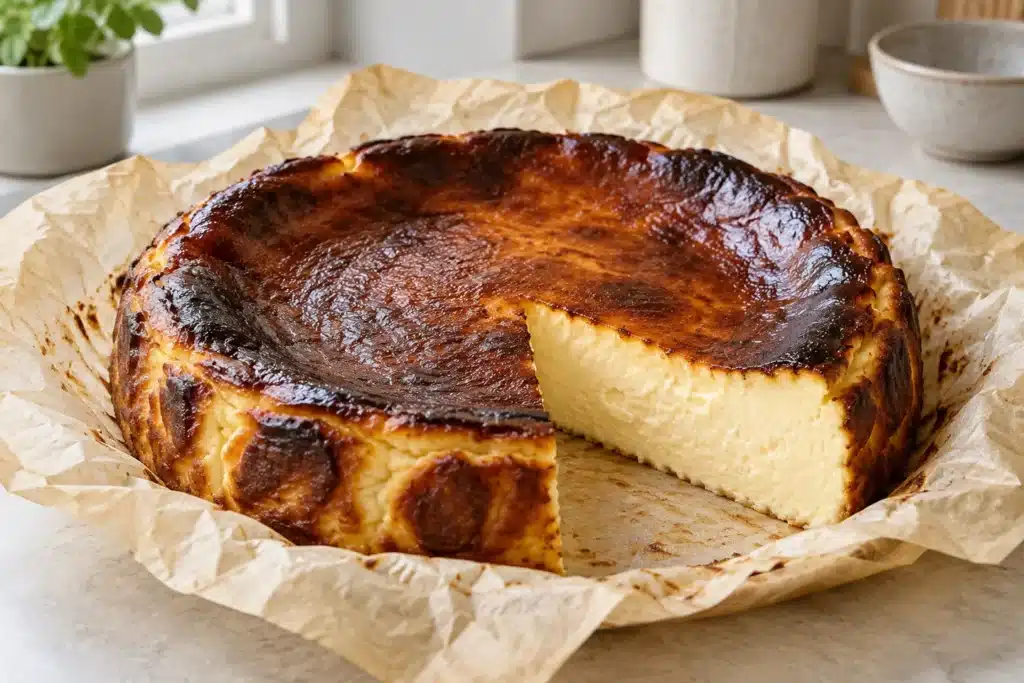 Tarta de queso al estilo La Viña con superficie tostada y sin base de galleta