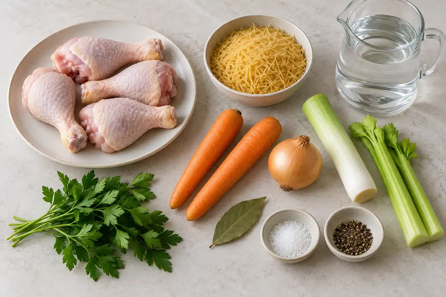 Sopa de Pollo con Fideos Pollo, fideos finos, zanahorias, cebolla, puerro, apio y condimentos para la sopa