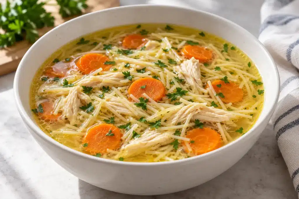 Sopa de pollo con fideos finos, zanahoria y perejil en caldo dorado