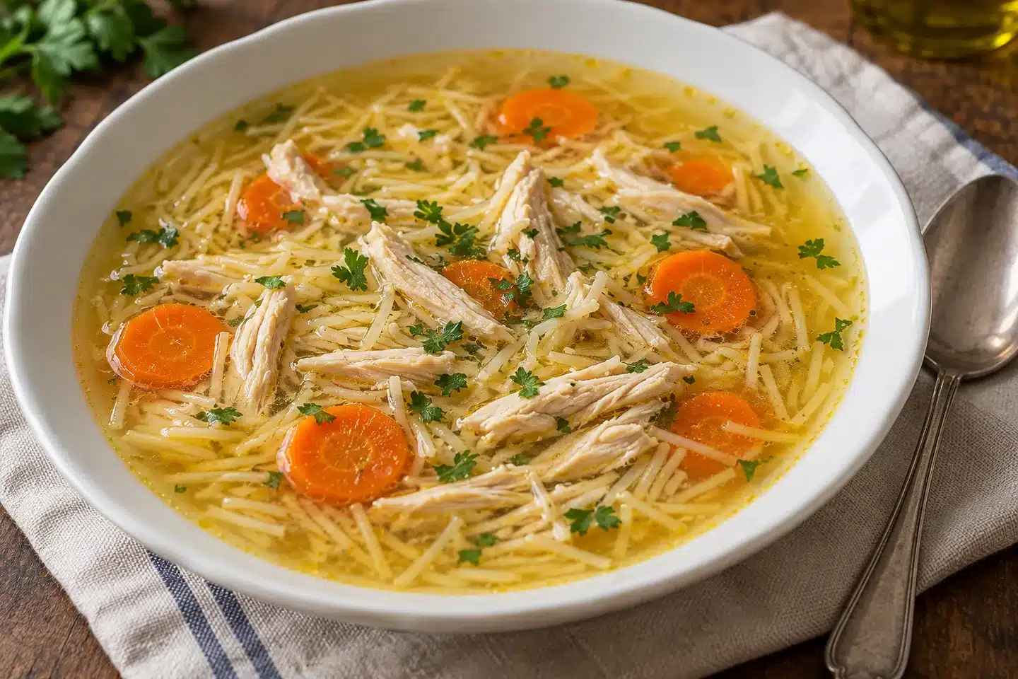 Sopa de Pollo con Fideos Sopa de pollo desmenuzado con fideos y zanahoria servida en un plato hondo