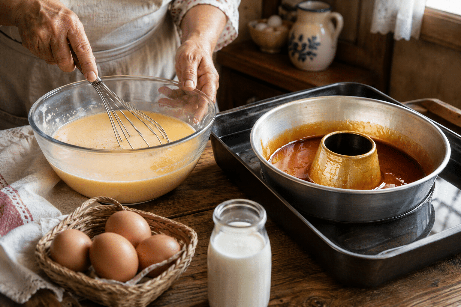 Flan de huevo casero receta de la abuela Mezclar los huevos y el azúcar sin batir de más
