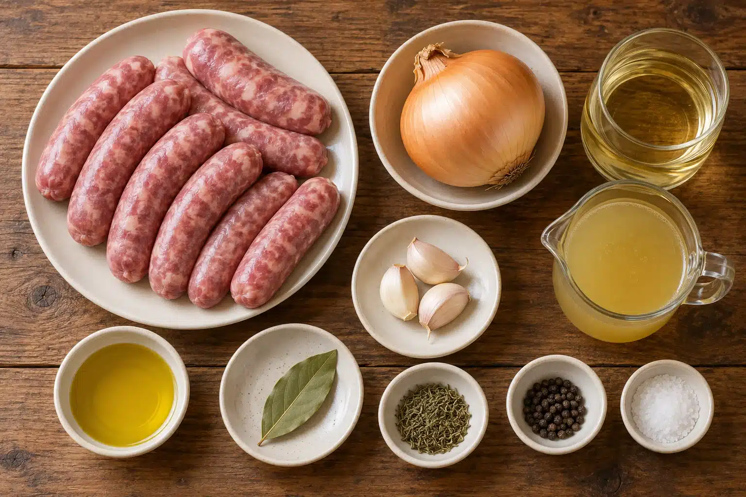 Ingredientes para salchichas al vino blanco