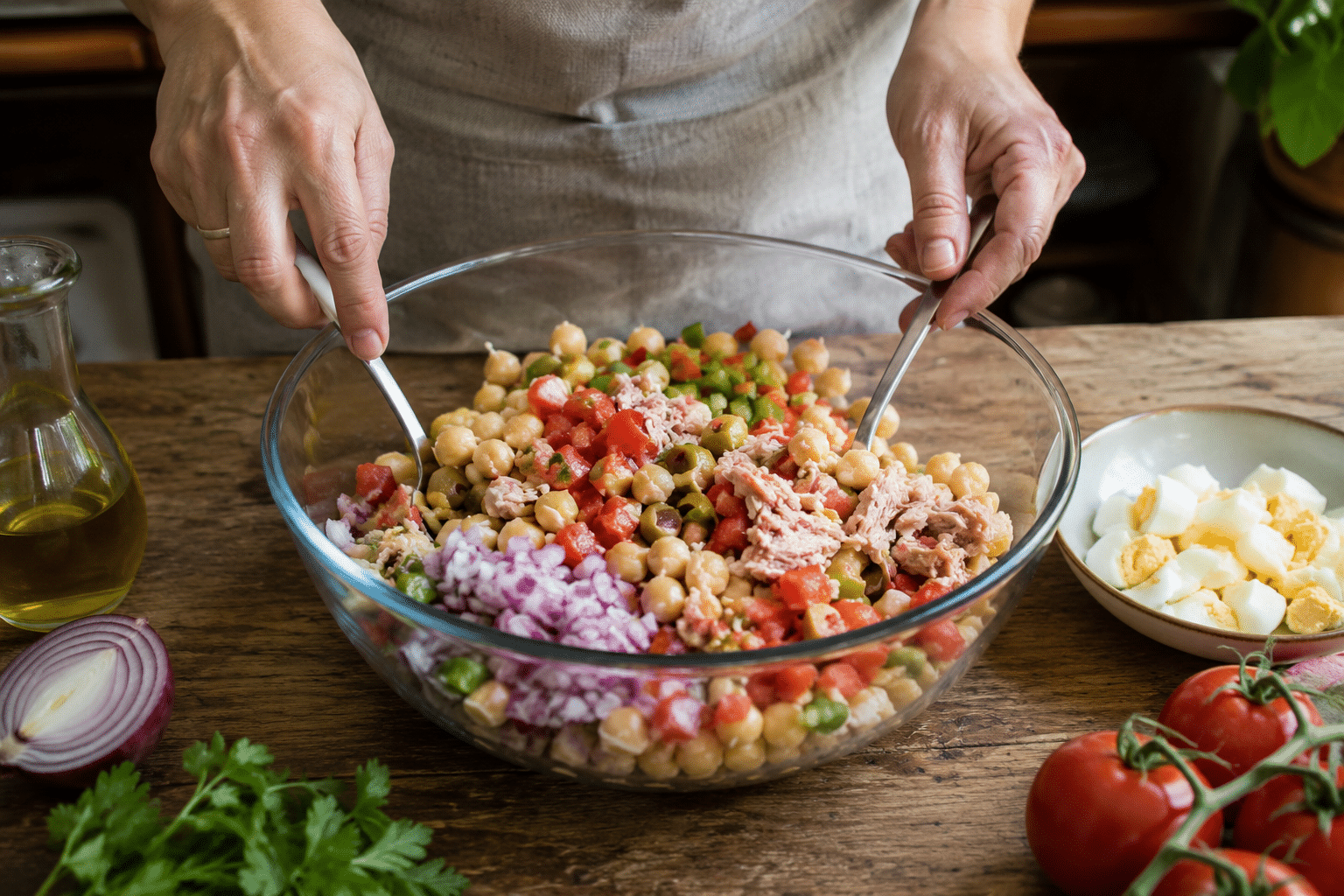 Ensalada de garbanzos con atún Mezclar la ensalada de garbanzos con atún