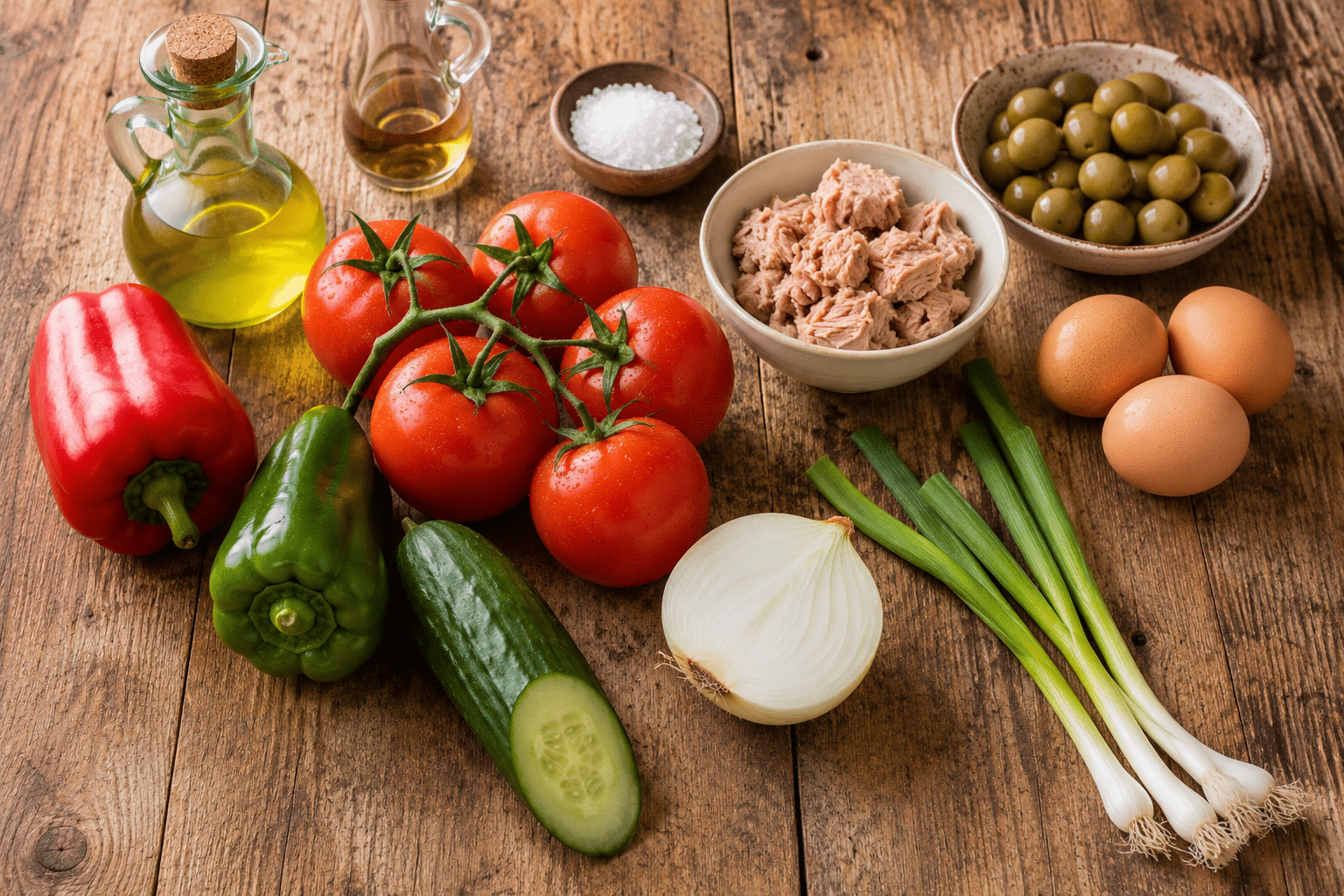 Pipirrana Ingredientes para pipirrana casera con tomate, pimiento, pepino, cebolla, huevo y atún