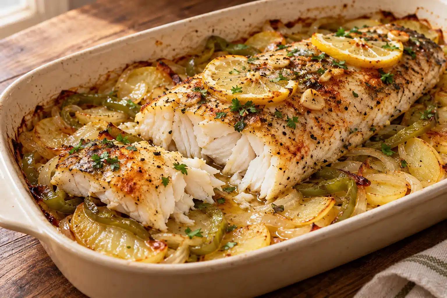 Presentación de fogonero al horno con patatas