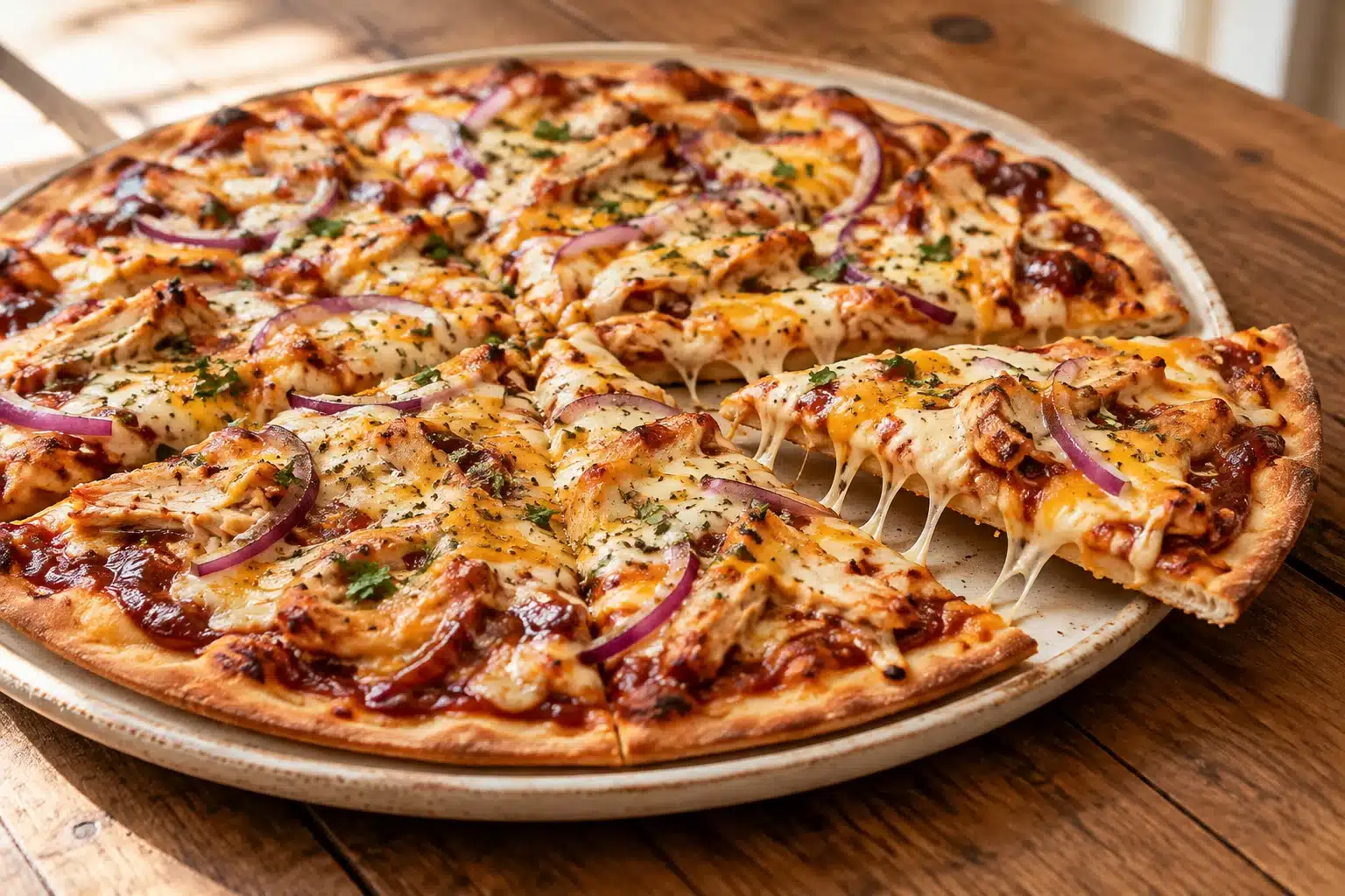 Presentación de pizza de pollo barbacoa