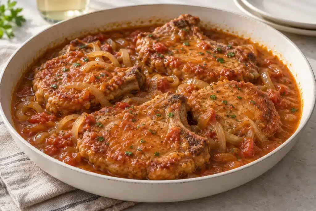Chuletas empanadas en salsa
