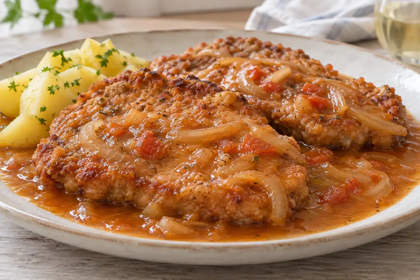 Detalle de Chuletas empanadas en salsa