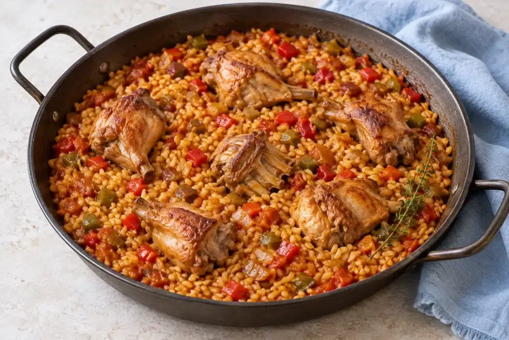 Arroz con conejo a la cacereña en cazuela con pimientos y pimentón