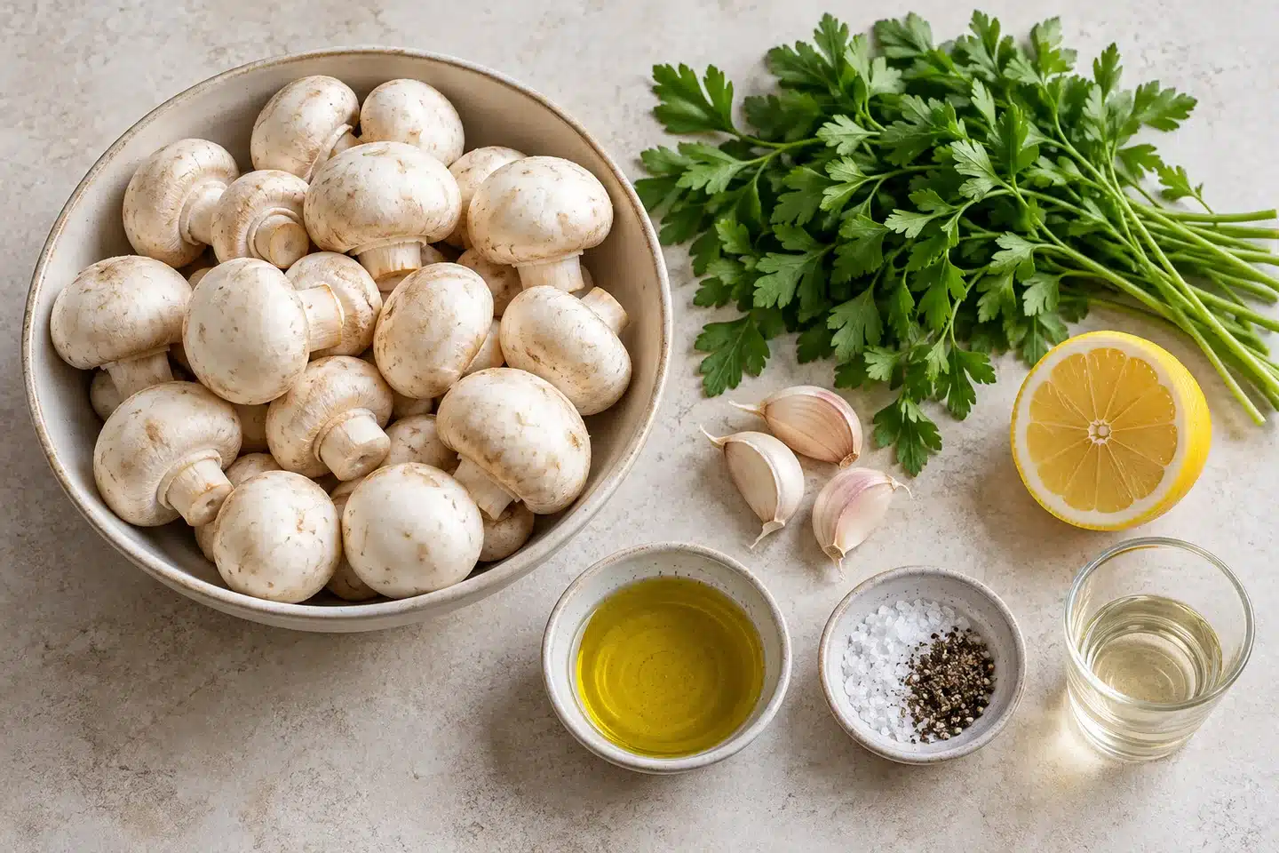 Champiñones frescos, ajo, perejil, aceite, limón y vino blanco separados