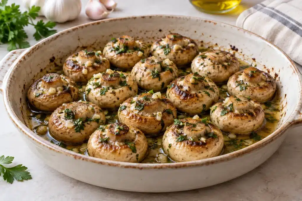 Champiñones al horno con ajo y perejil en una fuente amplia