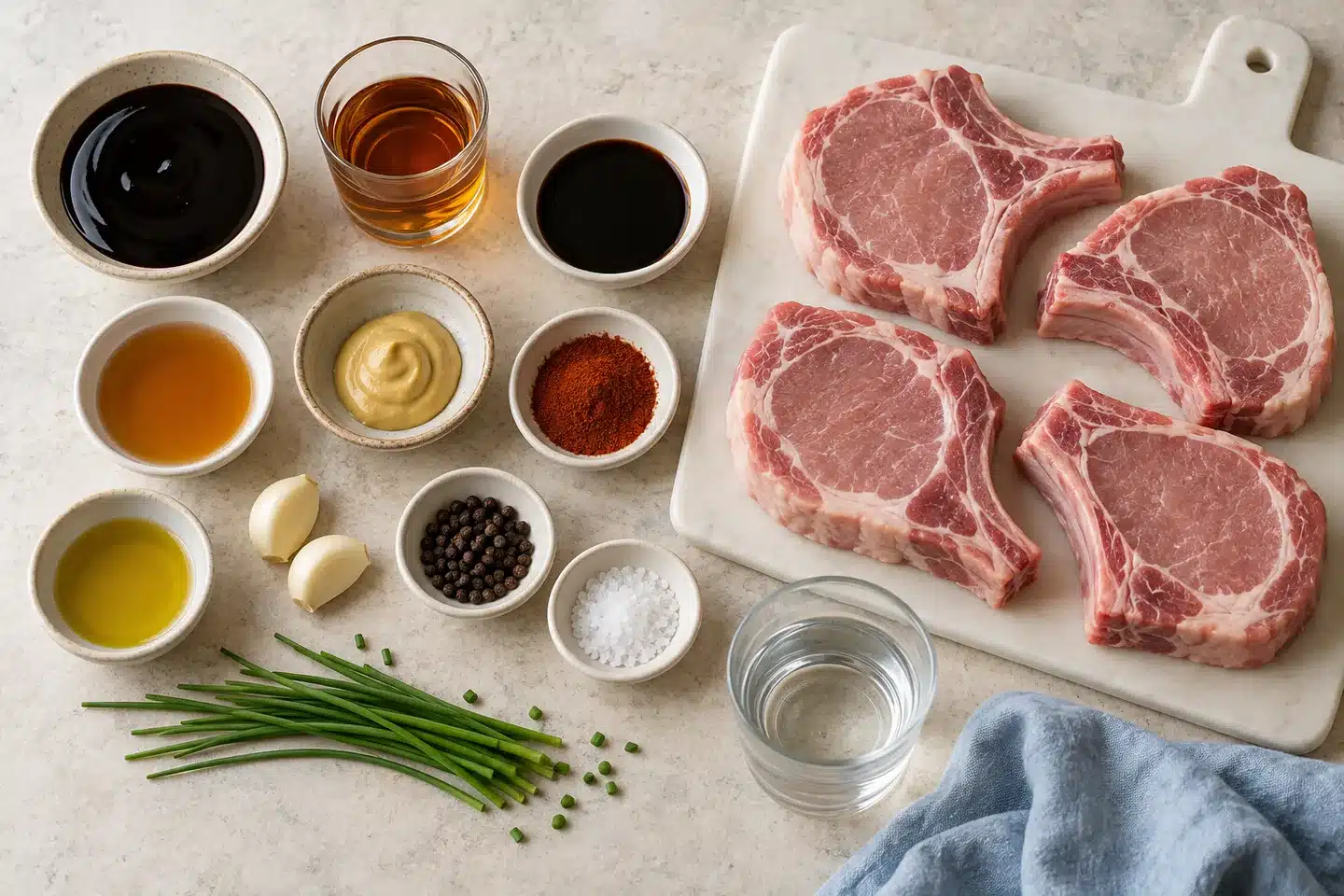 Chuletas de cerdo, melaza, bourbon, mostaza y condimentos para la marinada