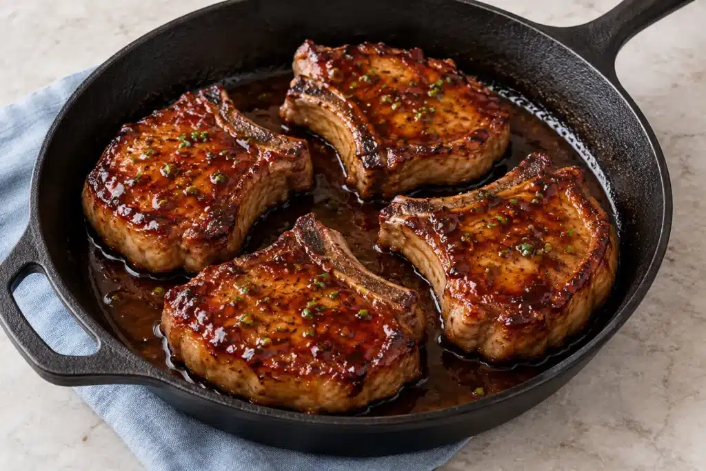 Cuatro chuletas de cerdo con salsa de melaza y bourbon en una sartén