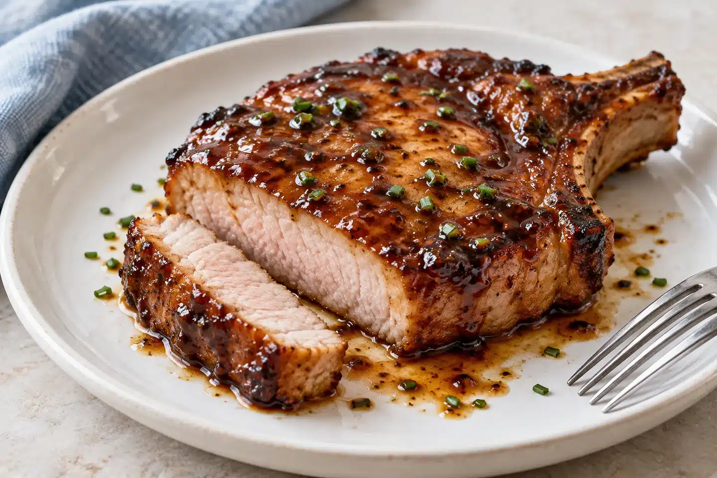 Chuleta de cerdo cocinada con salsa brillante de melaza y bourbon
