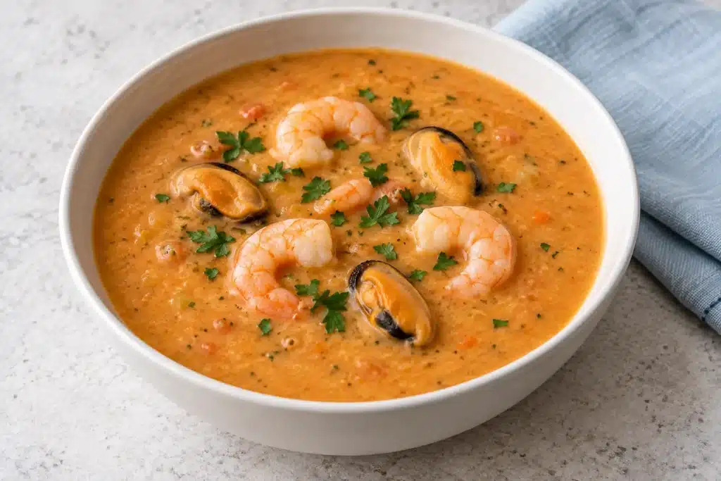 Cuenco de crema de marisco con gambas peladas, mejillones y perejil