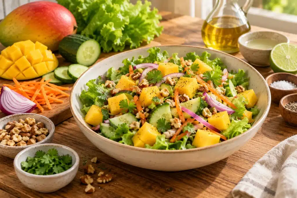 Presentación de ensalada de mango y lechuga