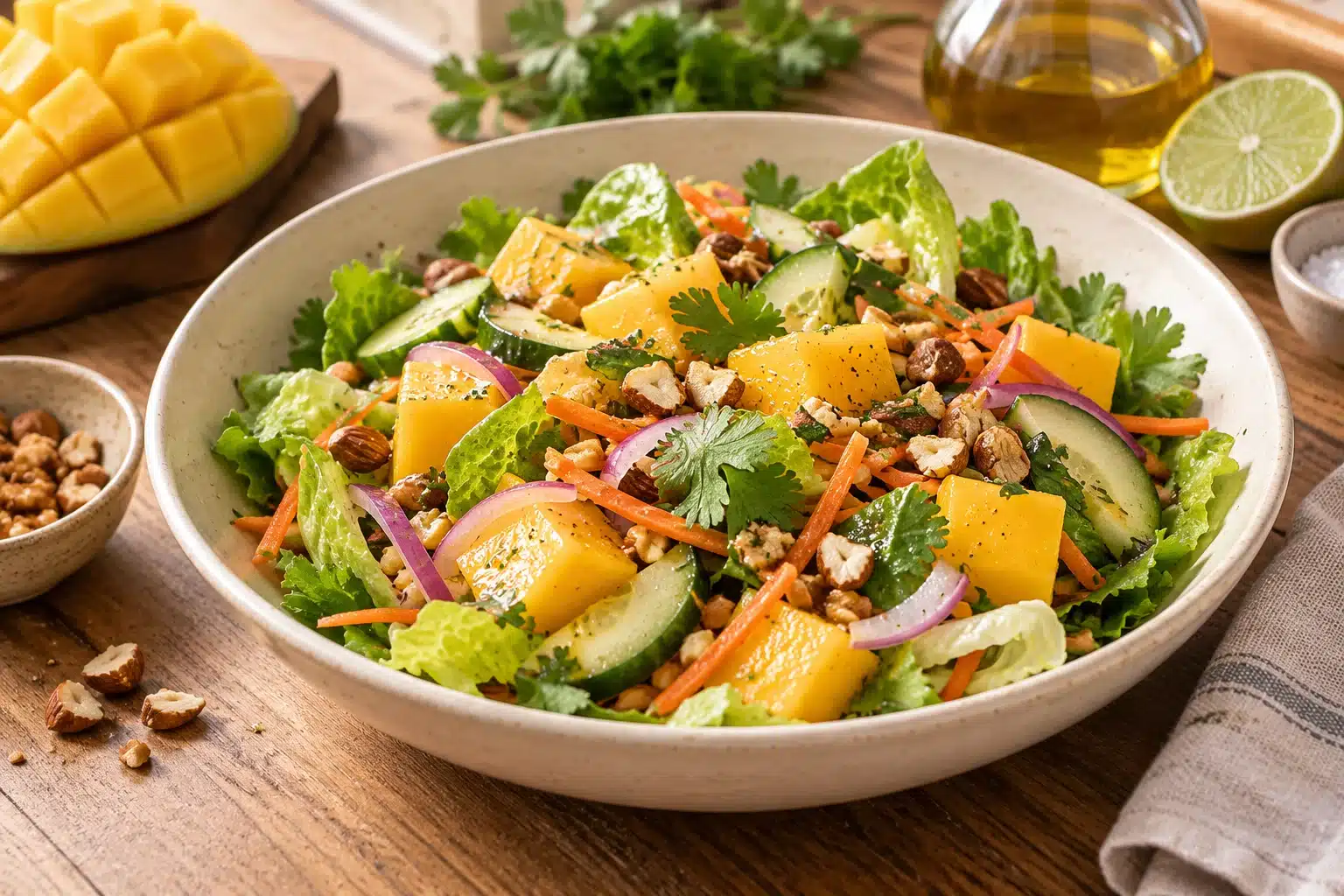 Presentación de ensalada de mango y lechuga