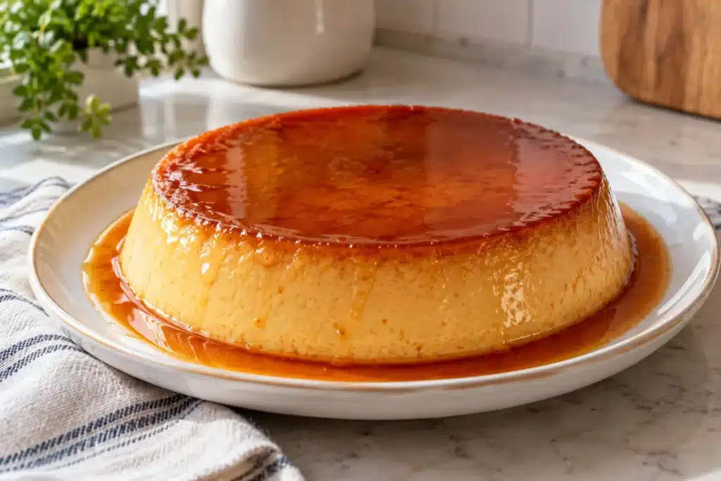 Flan de huevo grande desmoldado con caramelo sobre un plato