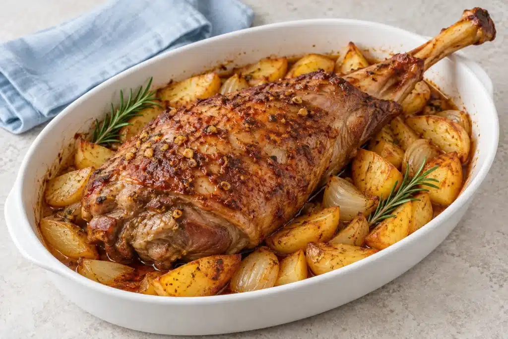 Pierna de cordero asada con adobo de pimentón, patatas y cebolla