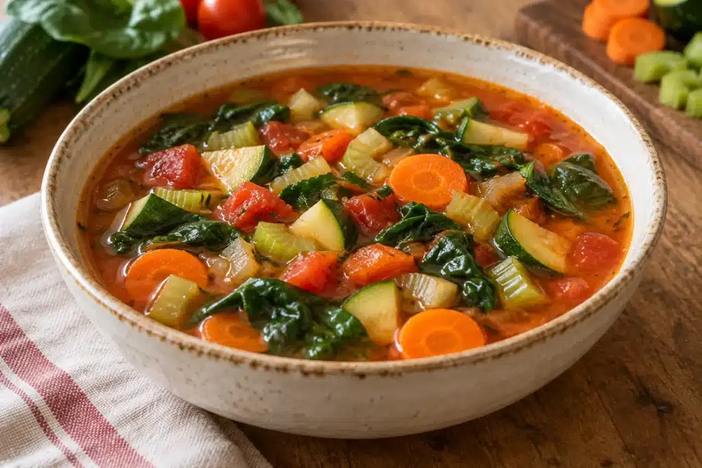 Presentación de sopa italiana de verduras
