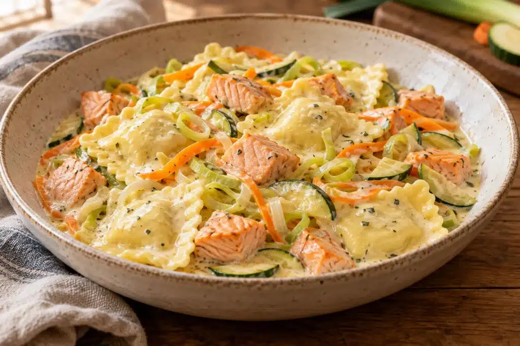 Presentación de raviolis con salmón y verduras
