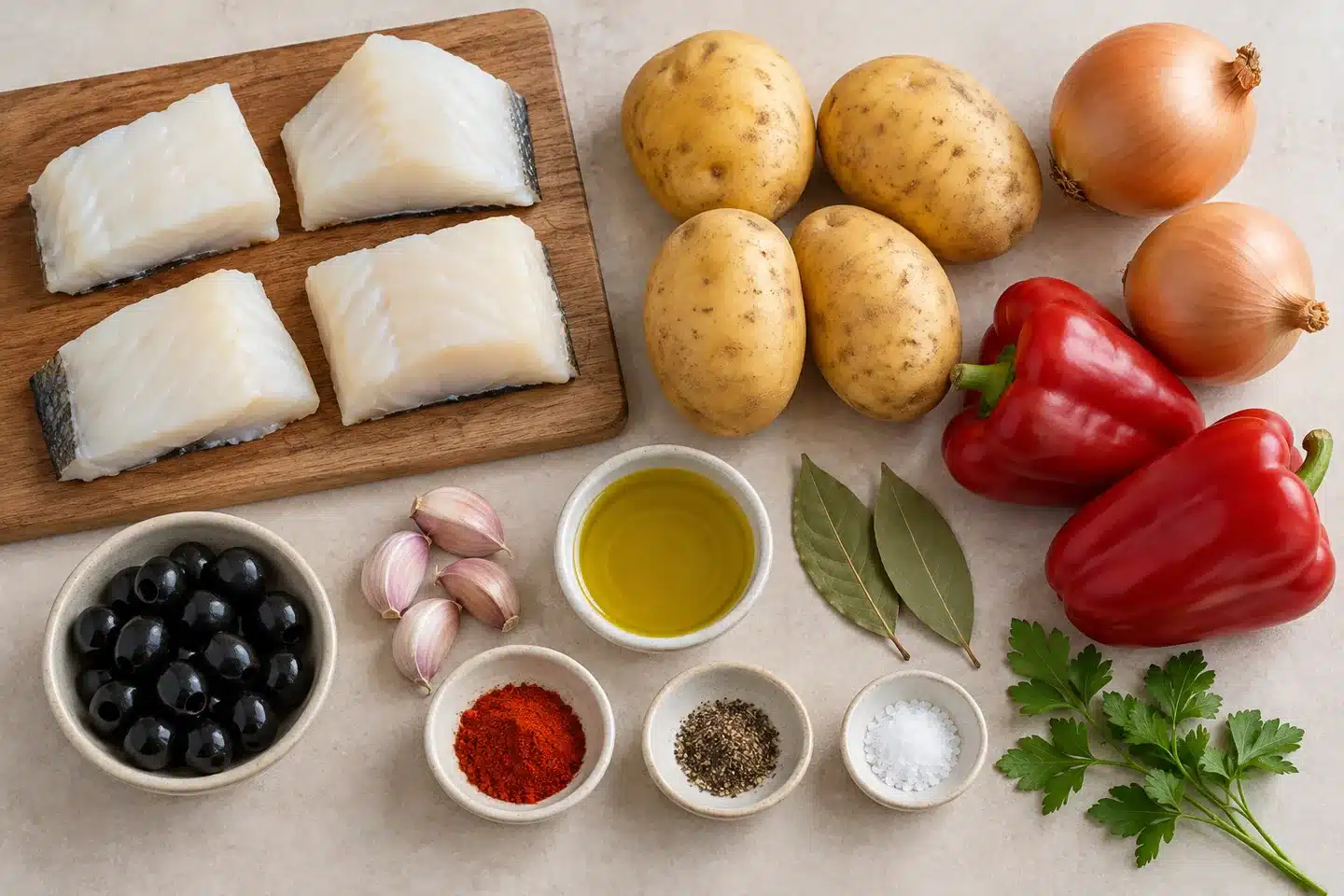 Lomos de bacalao desalado, patatas, cebollas, pimientos rojos, ajo y aceitunas