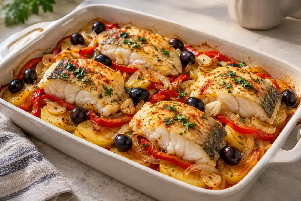 Bacalao a la portuguesa sobre patatas, cebolla y pimiento rojo con aceitunas negras
