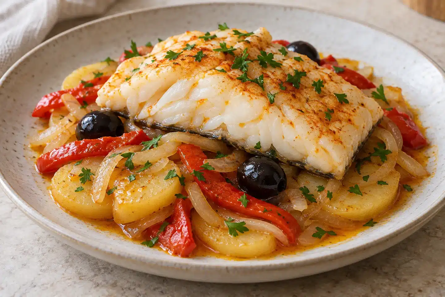 Lomo de bacalao al horno con patatas, pimiento rojo, cebolla y aceitunas