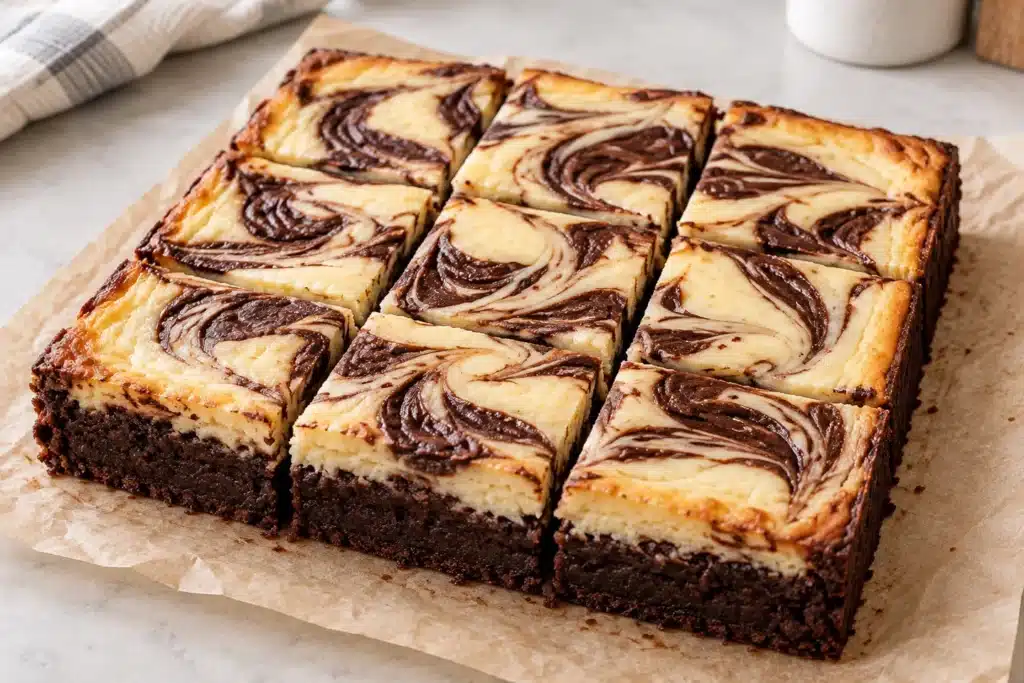 Brownie de chocolate cortado en nueve cuadrados con remolinos de queso crema