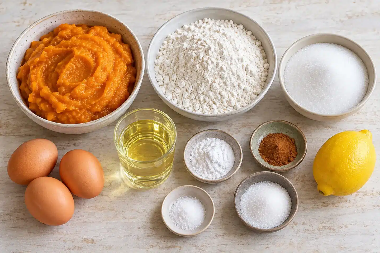 Puré de calabaza, harina, huevos, azúcar, aceite, limón y canela para la coca