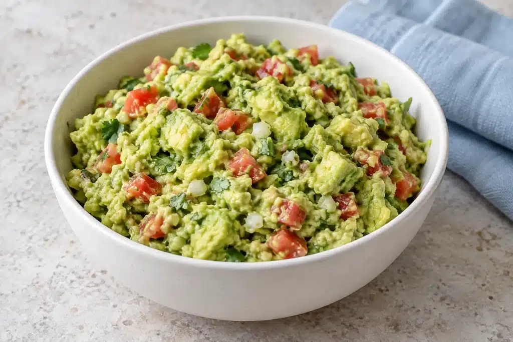 Guacamole casero con aguacate, tomate, cebolla y cilantro en un cuenco