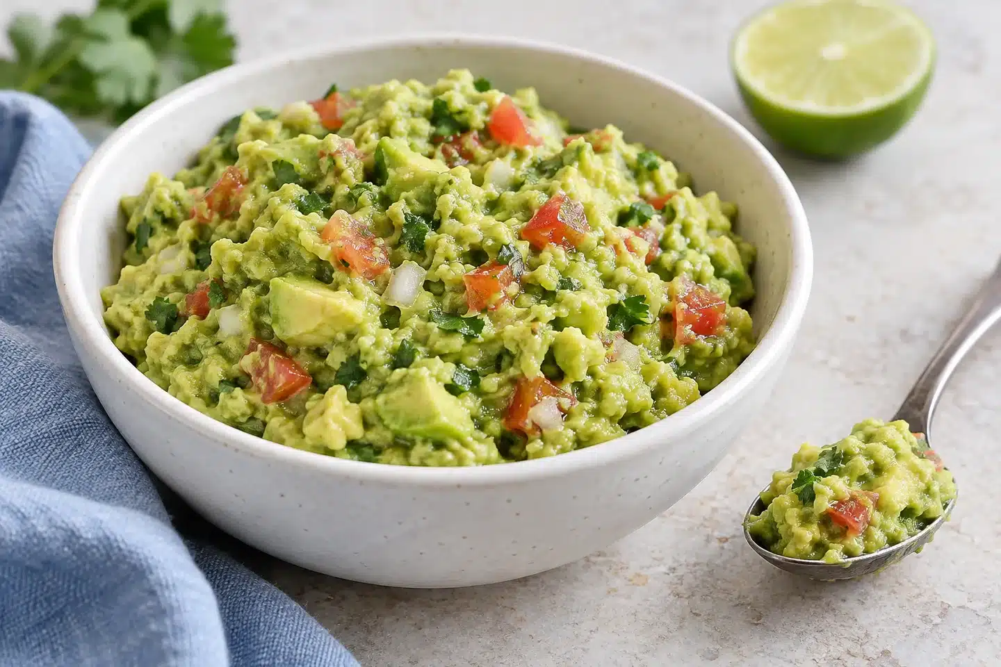 Como hacer el mejor guacamole Guacamole de textura cremosa con trozos de aguacate y tomate en una cuchara
