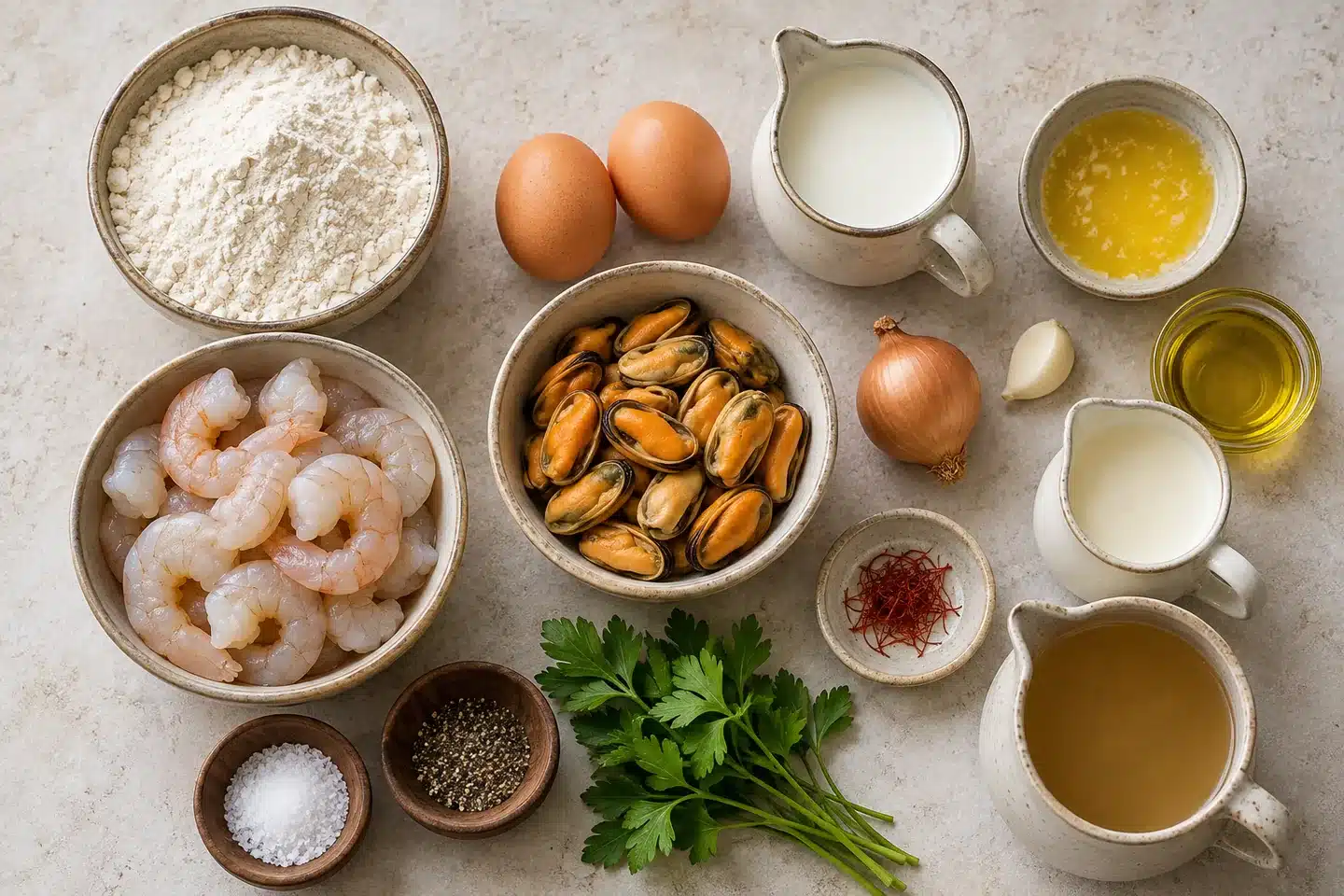 Harina, huevos, leche, gambas peladas, mejillones cocidos, nata y azafrán