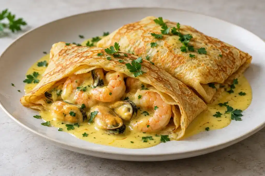 Crepes rellenas de gambas y mejillones con salsa de azafrán