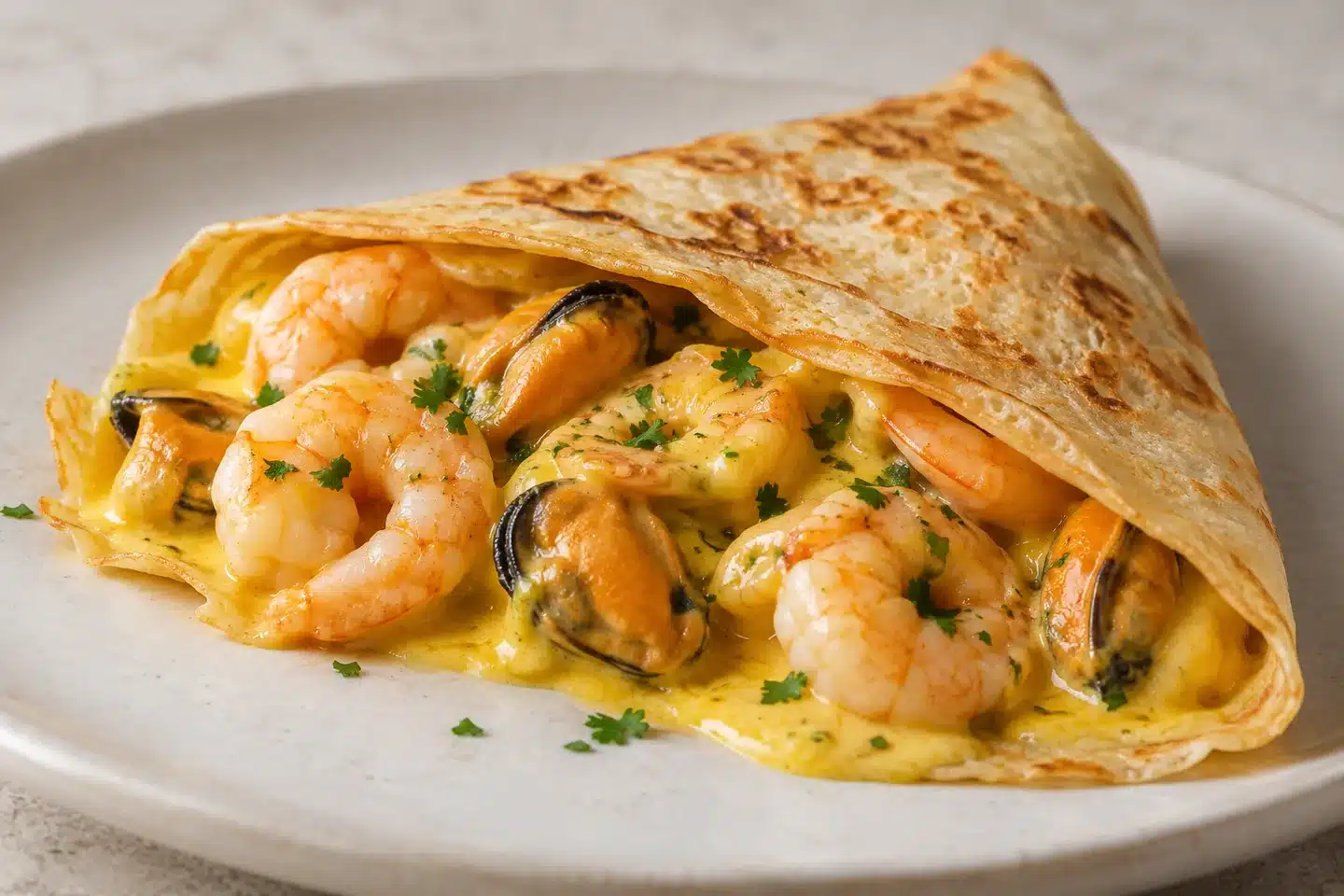 Crepe abierta con gambas y mejillones en salsa cremosa de azafrán