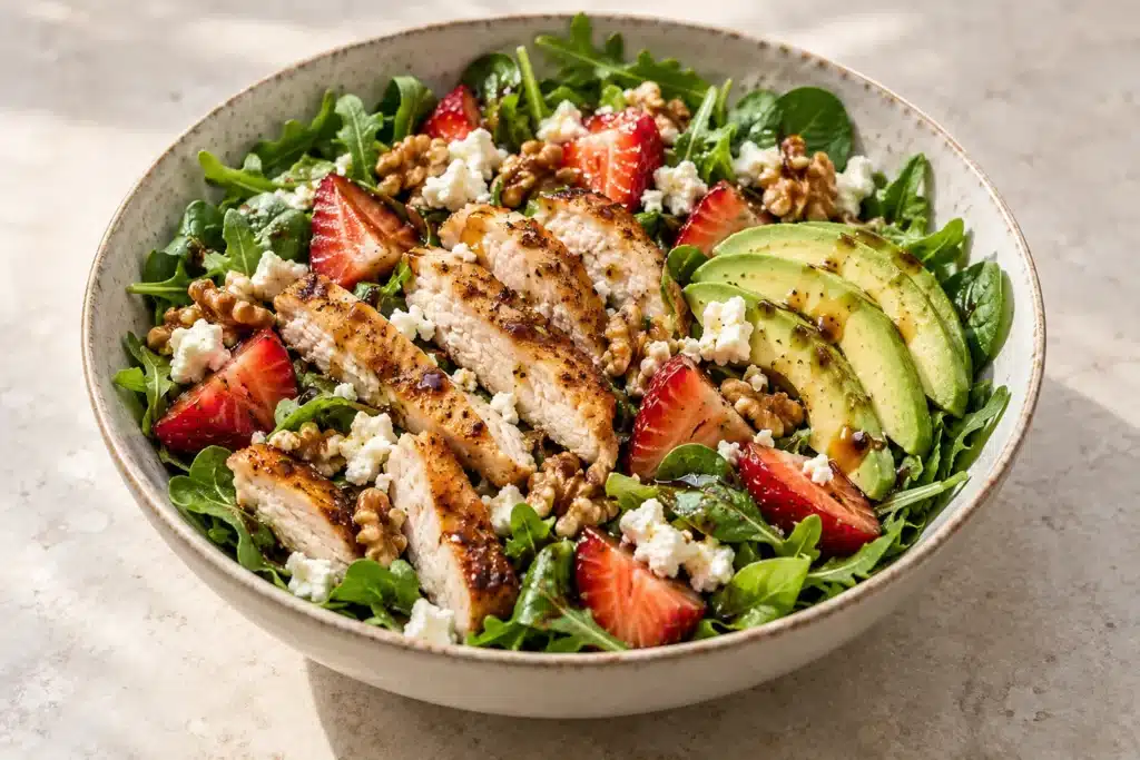 Ensalada de pollo con fresas, hojas verdes, queso feta, nueces y aguacate