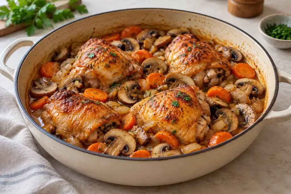 Guiso de pollo con champiñones, zanahoria y salsa en una cazuela
