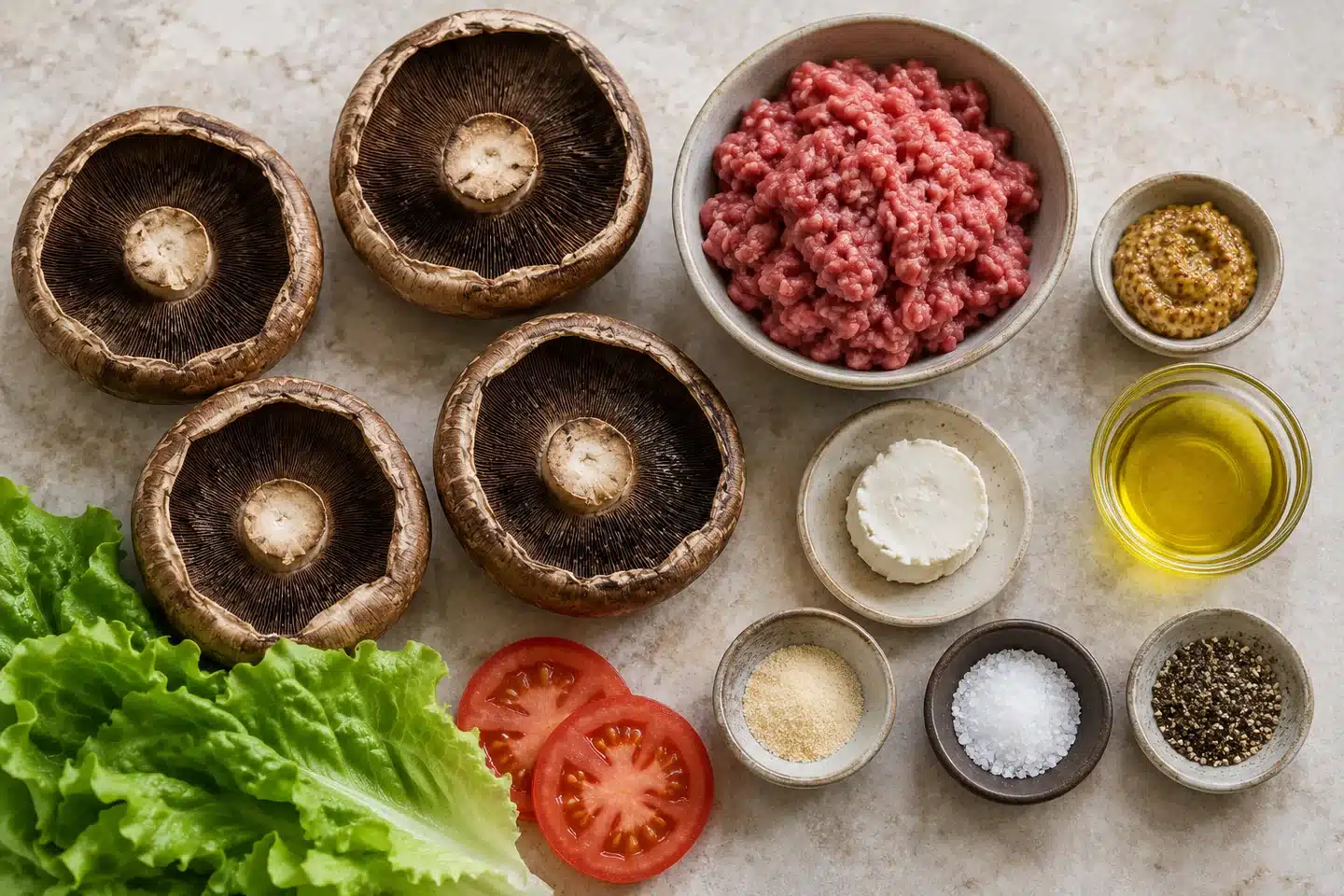 Portobellos, carne picada de ternera, queso de cabra, mostaza, lechuga y tomate