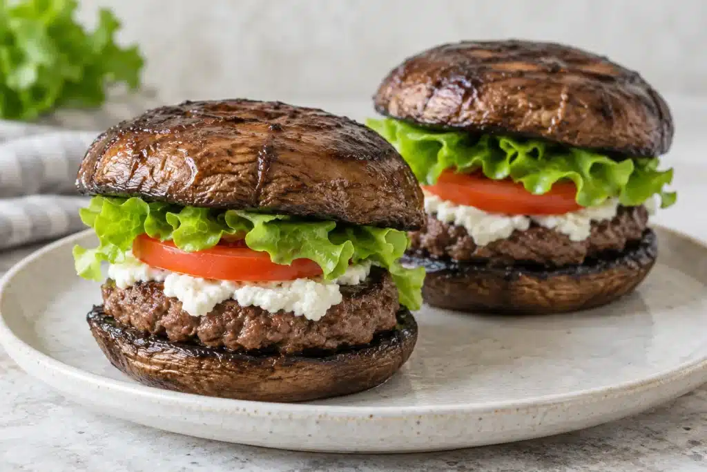 Hamburguesas de ternera y queso de cabra entre portobellos