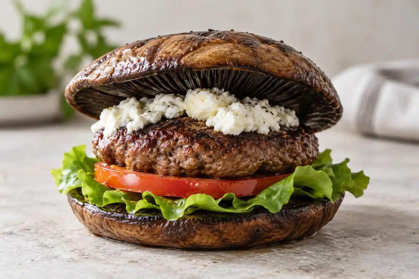 Hamburguesa portobello con ternera, queso de cabra, lechuga y tomate