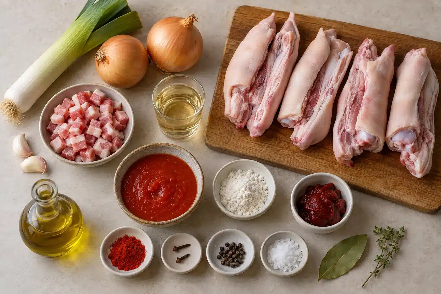 Manitas de cerdo limpias, puerro, cebollas, ajo, panceta, tomate y condimentos