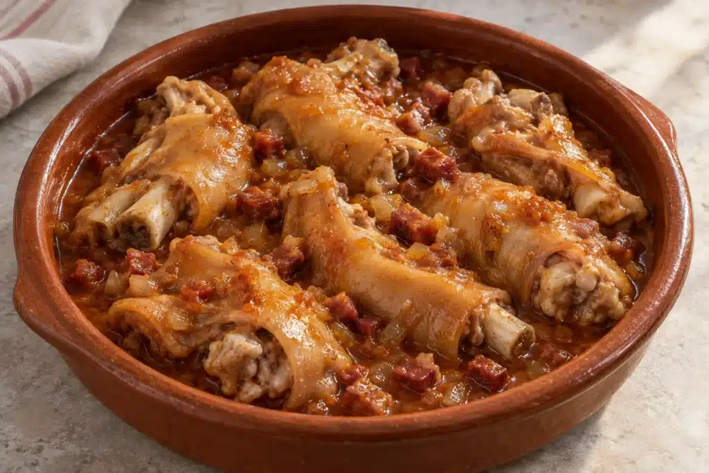 Manitas de cerdo guisadas en salsa de tomate y pimiento choricero con panceta