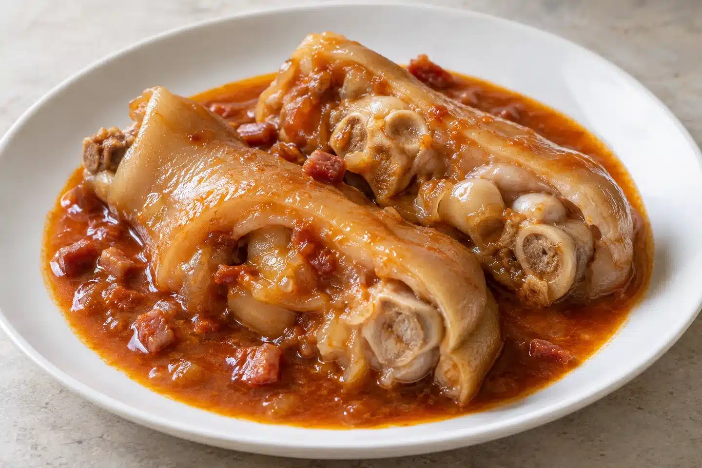 Porción de manitas de cerdo tiernas con salsa y dados de panceta